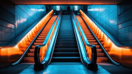 Aufkleber - Two illuminated escalators in a modern, underground passage.