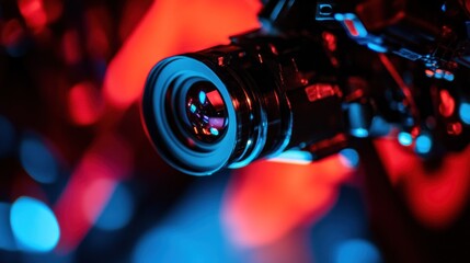 Poster - Close-up of a professional camera lens with red and blue bokeh background.