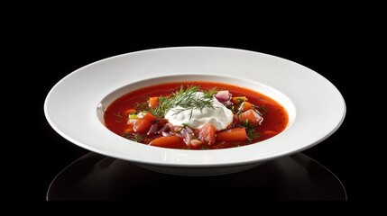 Poster - Vibrant borscht soup in a white bowl, garnished with sour cream and fresh dill, on a black background.