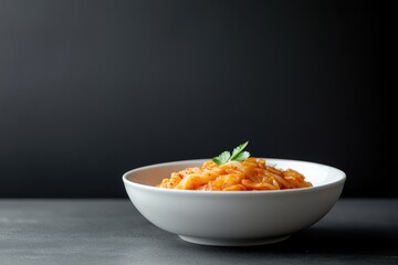 Poster - Spicy kimchi noodles in a white bowl on a dark background.