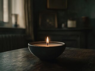 Poster - A single lit candle in a dark grey bowl sits on a wooden table in a dimly lit room.
