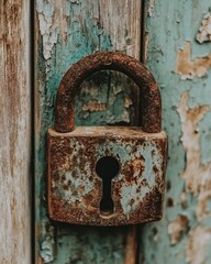 Poster - Rusty padlock on weathered, teal-painted wood.