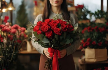 A female florist in an apron holds a bouquet of roses tied with a red ribbon against the background of a flower shop. The concept of Valentine's Day for web.