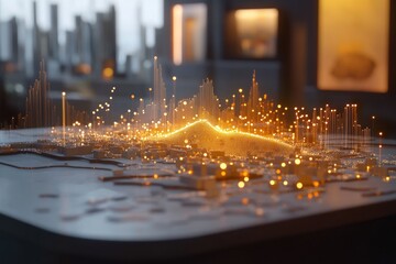 Aufkleber - Glowing city model on table, futuristic urban landscape.