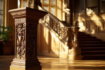Poster - Ornate wooden lectern in a grand hall with a staircase bathed in sunlight.