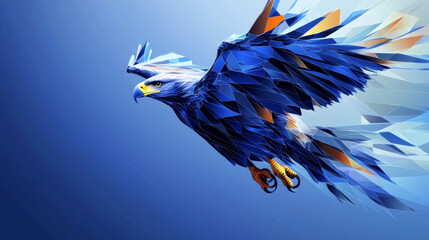 Wall Mural - Eagle in flight from abstract polygonal points blue. Low poly eagle in motion, lines and connected to form, vector illustration.