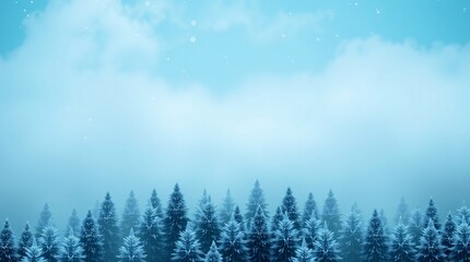 Wall Mural - Winter landscape with a row of snow-covered pine trees and a foggy blue sky.