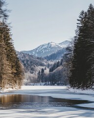 Aufkleber - Frozen lake and snow-covered mountains.