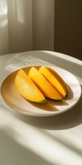 Sticker - Three ripe mango slices on a plate in sunlight.