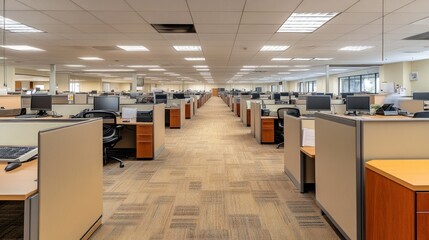 Poster - Empty modern office space with rows of desks and cubicles.