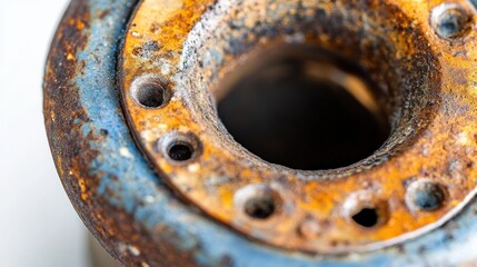 Aufkleber - Close-up of a rusty, blue, and orange metal object with a central hole and small drilled holes around it.