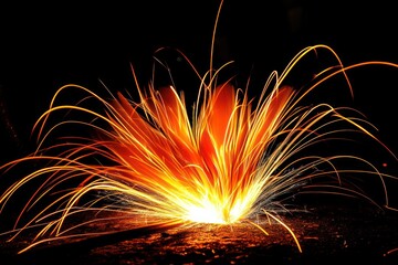 Poster - Bright orange and yellow sparks explode outwards from a central point against a black background.