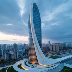 Aufkleber - A modern skyscraper, similar to a knife, with a white stone on the facade.