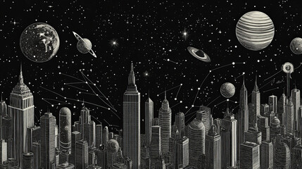 Wall Mural - abstract image of a cityscape in the form of a starry sky or space, consisting of points, lines, and