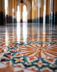 Poster - Colorful mosaic tile floor in a grand hall with arched doorways and sunlight.
