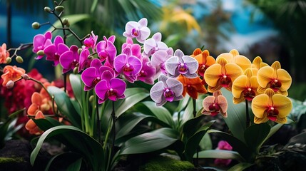 Sticker - Beautifully Arranged Vibrant Multicolored Orchid Flowers in a Lush and Verdant Botanical Garden Setting with Lush Green Foliage in the Background