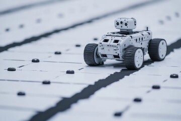 Aufkleber - Small white robot on a track, close-up view.