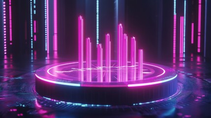 Fototapete - Neon pink and blue glowing bars on a futuristic platform.