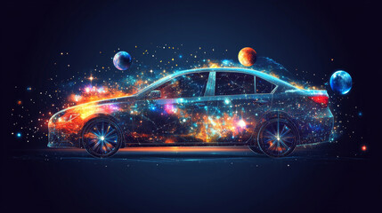 Wall Mural - Abstract image of a auto in the form of a starry sky or space, consisting of points, lines, and shapes in the form of planets, stars and the universe. Vector business