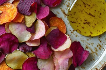 Poster - Colorful vegetable chips with olive oil on a rustic plate.