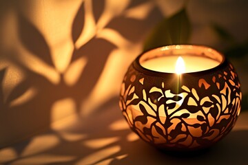 Poster - Ornate candleholder with lit candle, casting leaf shadows.