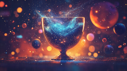 Wall Mural - Abstract image of a champion cup in hand in the form of a starry sky or space, consisting of points, lines, and shapes in the form of planets, stars and the universe. Vector business wireframe concept