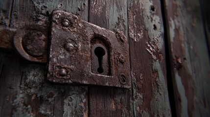 Aufkleber - Close-up of a rusty, old padlock on a weathered wooden door.