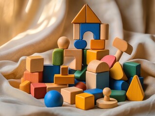 Poster - Colorful wooden blocks arranged in a creative structure on a beige fabric background.
