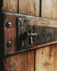 Aufkleber - Close-up of rustic, aged wooden door with antique metal latch and keyhole.