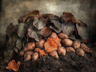 Poster - Harvested sweet potatoes and fungi nestled amongst autumn leaves and soil.