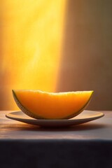 Poster - A slice of ripe cantaloupe melon on a small white plate, backlit by warm sunlight.