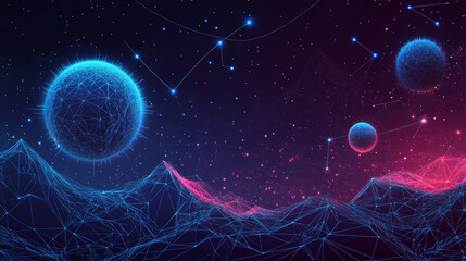 Wall Mural - Abstract image of a growth chart in the form of a starry sky or space, consisting of points, lines, and shapes in the form of planets, stars and the universe. Vector wireframe concept.