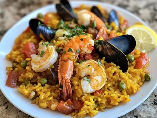 Poster - Delicious seafood paella with shrimp, mussels, peas, and tomatoes on a white plate.