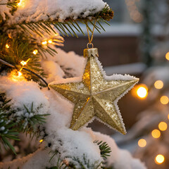 glittery gold star ornament on snow covered