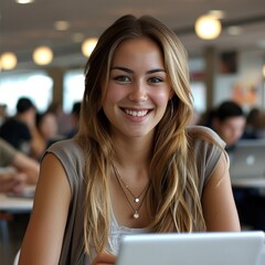 Aufkleber - A young woman is smiling working on a laptop in an office or college setting, showing success. In the background, there is a group of people.