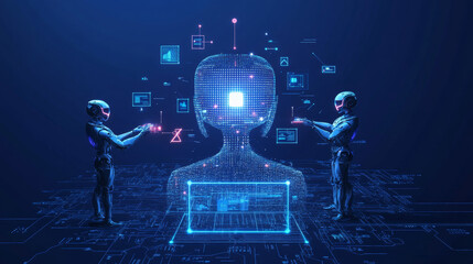 Abstract technology Ai computing on hand wireframe concept working data of Artificial intelligence and futuristic digital for future on dark blue background.