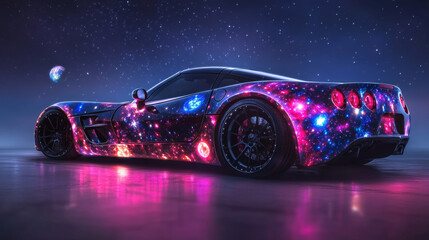 Wall Mural - abstract image of a sport car in the form of a starry sky or space, consisting of points, lines, and