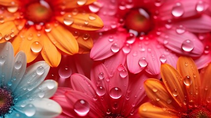 Sticker - Close up of water droplets glistening on the vibrant multicolored petals of a delicate flower in shades of red pink and orange