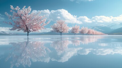 Wall Mural - Thousands of plum blossoms planted on the middle of a lake, in full bloom. The sky is blue and the clouds are white.