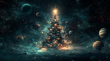 Wall Mural - abstract image of a christmas tree in the form of a starry sky or space, consisting of points, lines