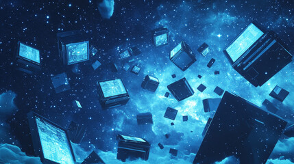 Wall Mural - laptop and monitor. computers themes in low-poly wireframe starry sky and cosmos style. technology a