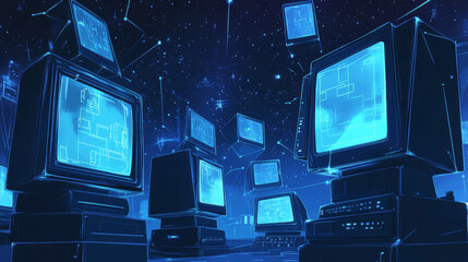 Wall Mural - laptop and monitor. computers themes in low-poly wireframe starry sky and cosmos style. technology a