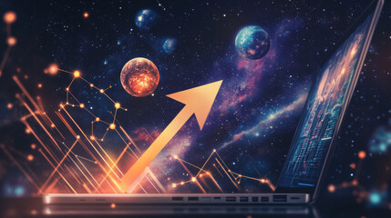 Wall Mural - vector arrow up on laptop. abstract image of financial growth in the form of a starry sky or space, 