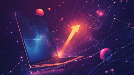 Wall Mural - vector arrow up on laptop. abstract image of financial growth in the form of a starry sky or space, 