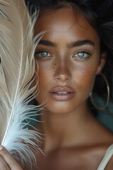 Canvas Print - Portrait of a woman holding a large feather in front of one eye, which contrasts with her dark hair. Her expression is serene, and she wears large hoop earrings.