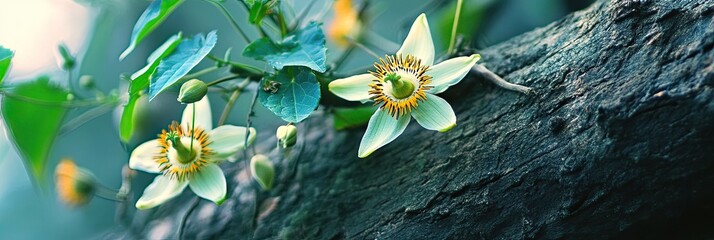 Delicate white flowers bloom on a tree branch, showcasing intricate details and vibrant colors.