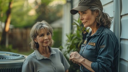 Aufkleber - Middle aged woman standing near her HVAC condenser outside their house on a sunny day paying attention to a male HVAC technician who is wearing a cap and collared shirt.
