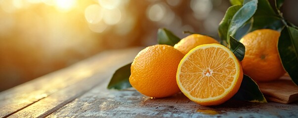 Poster - Fresh oranges with leaves resting on rustic wooden table at sunset