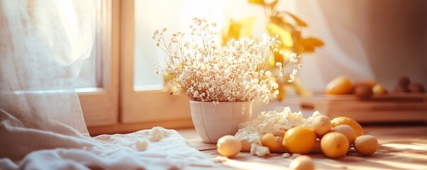 Wall Mural - Fresh lemons, cauliflower and gypsophila flowers creating a cozy kitchen atmosphere in morning sunlight