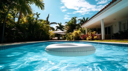 Wall Mural - pool raft resting on tranquil water in a bright, sunny swimming pool